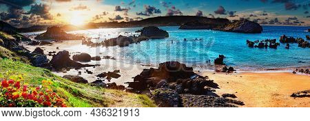 Scenic Beach Landscape And Sunset.scenery Rocks And Cliff In Beach In Noja Village,cantabria,spain.