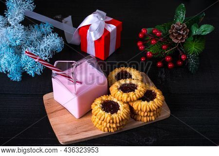 New Year's Christmas Treat. Cookies And Strawberry Milk Gift In A Box