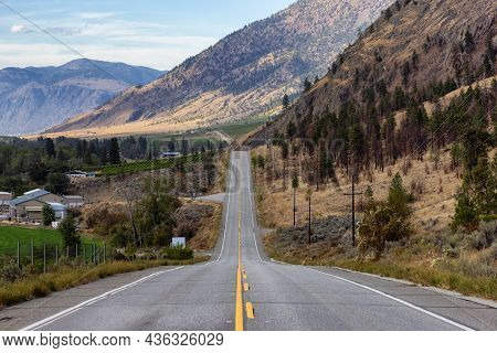 Scenic Road, Hwy 3, In The Valley Around The Canadian Mountain Landscape. Near Osoyoos, British Colu