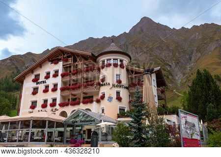 Samnaun, Switzerland - September 28, 2021: Prestigious Hotel Chasa Montana In Ski Resort And Swiss D