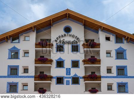 Samnaun, Switzerland - September 28, 2021: Apparthotel Nevada In Ski Resort And Swiss Duty Free Zone