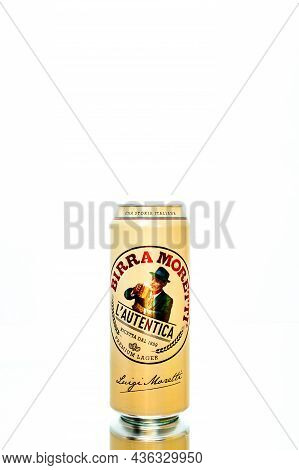 Birra Moretti Beer Can On White. Illustrative Editorial Photo Bucharest, Romania, 2021