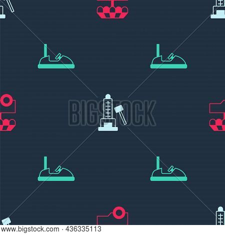Set Fast Street Food Cart, Striker Attraction With Hammer And Bumper On Seamless Pattern. Vector