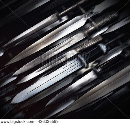 Throwing Knives On A Dark Background Flying Knives In The Dark, Stabbed Knives, Dark Collage With Kn