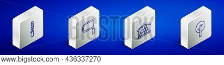 Set Isometric Line Rasp Metal File, Hacksaw, Wooden Logs And Tree Icon. Vector