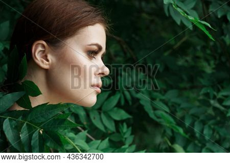 Attractive Woman Green Leaves Clean Skin Nature Summer Lifestyle