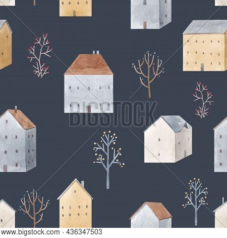 Beautiful Winter Vector Seamless Pattern With Hand Drawn Watercolor Cute Houses. Stock Illustration.