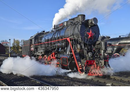 Sortavala, Russia - October 07, 2021: Soviet Mainline Freight Steam Locomotive 