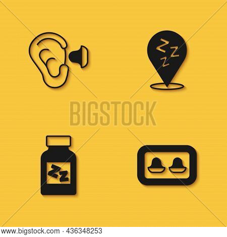 Set Earplugs And Ear, With Storage Box, Sleeping Pill And Sleepy Icon With Long Shadow. Vector