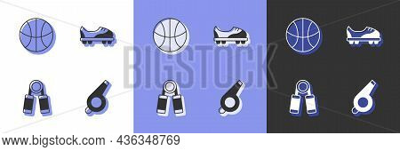 Set Whistle, Basketball Ball, Sport Expander And Football Shoes Icon. Vector