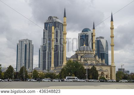 Grozny, Russia - September 29, 2021: The Heart Of Chechnya Mosque In Front Of The Grozny City High-r