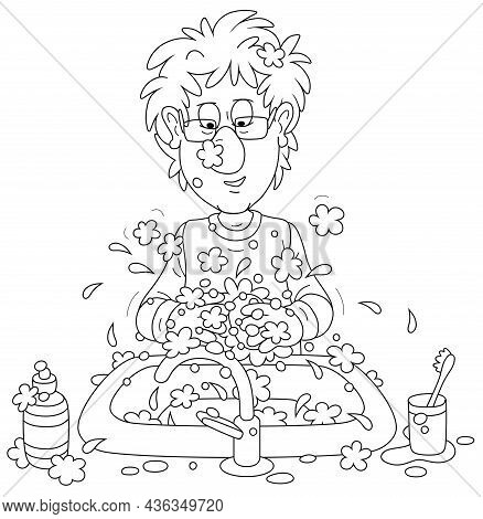 Funny Young Man With Disheveled Hair Washing His Hands In A Sink Of A Bathroom, Black And White Outl