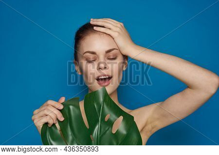 Beautiful Woman Clean Skin Palm Leaf Cosmetics Isolated Background