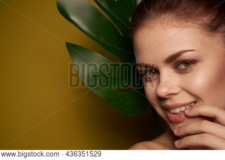Pretty Woman Bare Shoulders Red Lips Posing Yellow Background