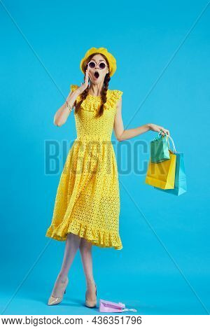 Smiling Woman Wearing Sunglasses Posing Shopping Fashion Isolated Background