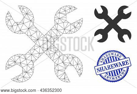 Web Carcass Wrenches Vector Icon, And Blue Round Shareware Textured Stamp. Shareware Stamp Seal Uses