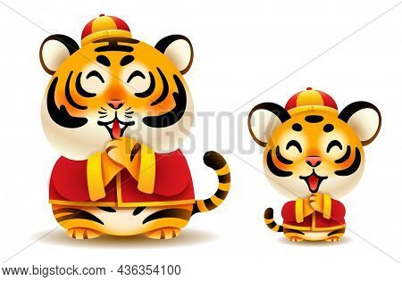 Cute tiger and tiger cub with traditional Chinese costume greeting Gong Xi Gong Xi. Isolated. Translation - Good fortune.