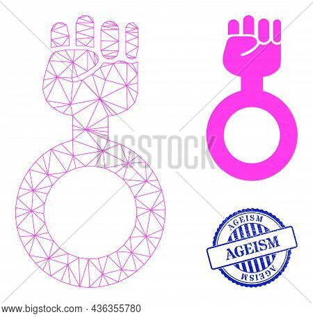 Web Mesh Feminism Symbol Vector Icon, And Blue Round Ageism Dirty Badge. Ageism Watermark Uses Round