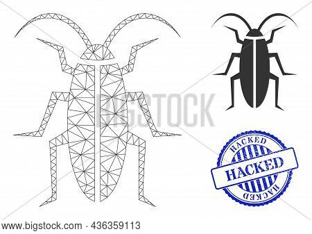 Web Carcass Cockroach Vector Icon, And Blue Round Hacked Grunge Stamp Imitation. Hacked Stamp Seal U