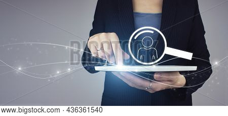 Hr Human Resources Recruitment Employment. White Tablet In Businesswoman Hand With Digital Hologram 