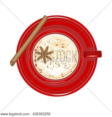 Top View Cup Of Eggnog Isolated On White Background. Red Cup Of Egg Nog With With Milk, Cinnamon Sti