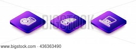 Set Isometric Line Golden Leprechaun Coin, Pot Of Gold With Rainbow And Leprechaun Hat Icon. Vector