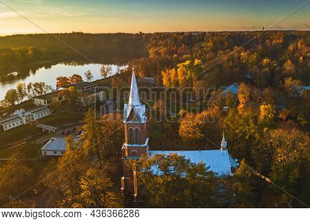 Autumn Aerial View Of Birstonas City Church. It Is Popular Tourist Destination In Lithuania, Located