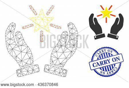 Web Network Shine Star Care Hands Vector Icon, And Blue Round Carry On Unclean Seal. Carry On Seal U