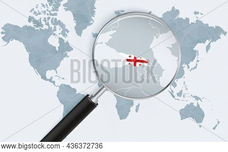 World Map With A Magnifying Glass Pointing At Georgia. Map Of Georgia With The Flag In The Loop. Vec