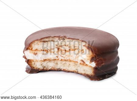 Delicious Choco Pie With Bite Mark Isolated On White