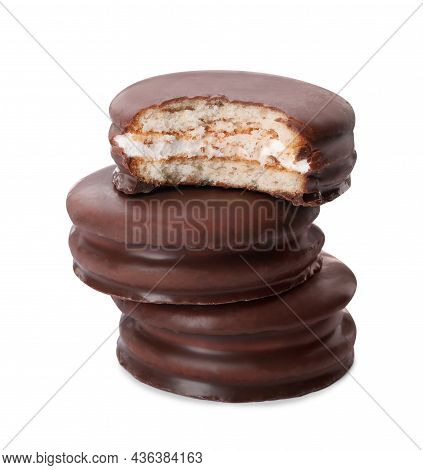 Delicious Choco Pies On White Background. Classic Snack Cakes