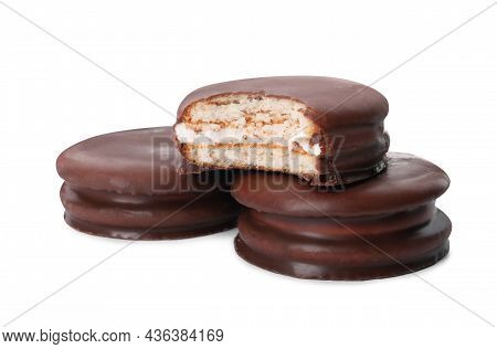 Delicious Choco Pies On White Background. Classic Snack Cakes