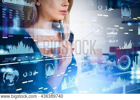 Boss Woman Pensive Look With Touch Pen. Stock Market Bar Chart Changes, Double Exposure, Various Dat