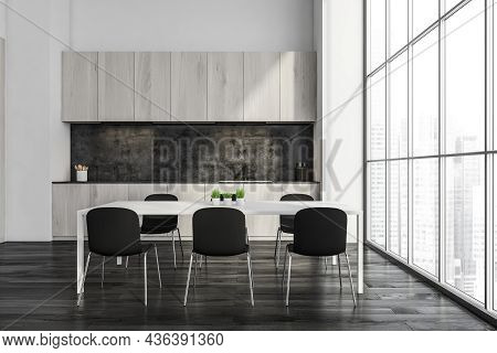 Panoramic Kitchen Interior With White Walls, Wood Cabinets, Dining Table, Black Chairs, Marble Splas