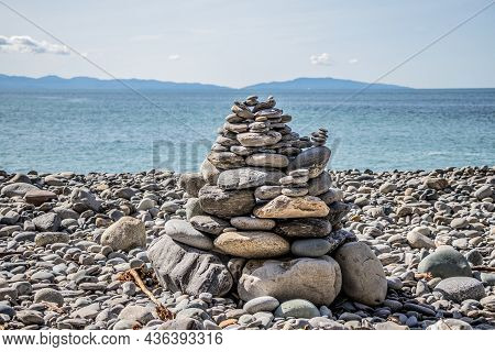 Stone Pile On The Coast At Sombrio Beach, Port Renfrew, British Columbia, Canada