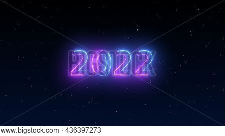 Number 2022 Neon Light Bright Glowing. 2022 Happy New Year Dark Night Sky Background With Decoration