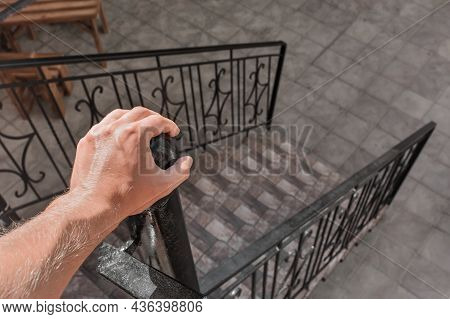 The Man Is Going To Go Down The Stairs. Walking Style.