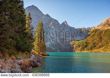 Tatra National Park, Poland. Mountains lake Morskie Oko Or Eye of the Sea In autumn. Beautiful Tatras Landscape.
