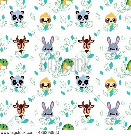 Seamless Pattern With Animals - Panda, Tench, Koala And Python. Childrens Cute Cartoon Illustration.