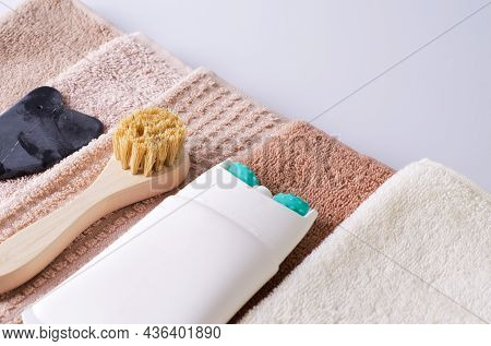 Lifting Cream In Tube With Massage Roller Nozzle Close-up, Brush Made Of Natural Bristles And Gouach