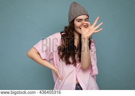 Portrait Of Young Positive Happy Nive Attractive Curly Brunette Woman With Sincere Emotions Wearing 
