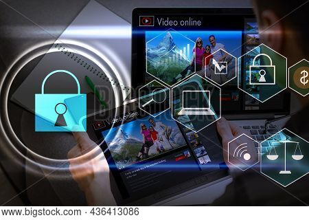 Digital Cybersecurity And Network Protection Concept. Virtual Locking Mechanism To Access Shared Res