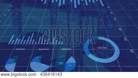 Financial data processing over grid network against empty office in background. global finance and business concept
