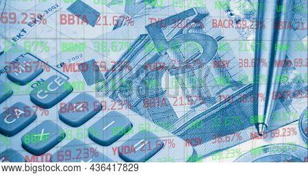 Image of financial data processing over calculator and euro currency bills. global finance and business, connection concept digitally generated image.