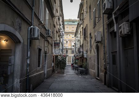 Rijeka, Croatia - July 17, 2021: Narrow Street Of Stari Grad, The Old Town Of Rijeka, With Decaying 