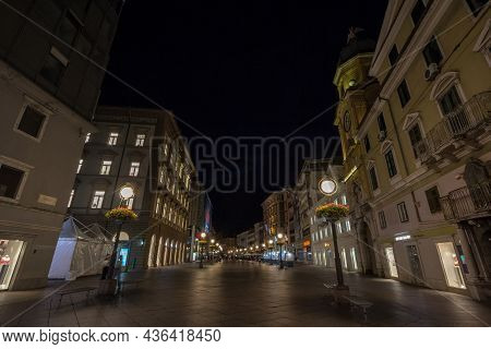 Rijeka, Croatia - June 18, 2021: Selective Blur On The Empty  Korzo Street At Night In Summer. Korzo