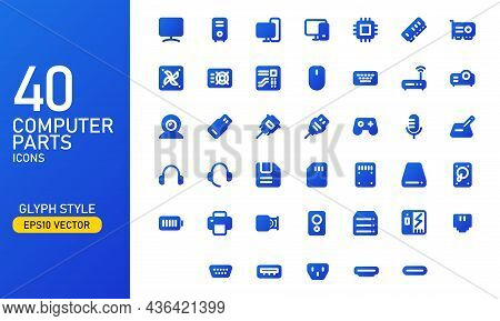 Computer Parts And Components Icon Set. Computer Hardware Glyph Icon Collection. Suitable For Design