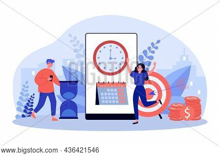 People Working With Planning Schedule. Tiny Man And Woman Scheduling Tasks In Business Calendar Flat