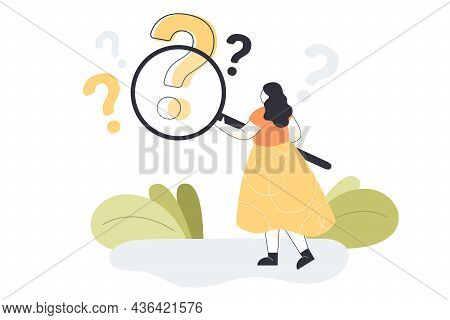 Curious Woman Holding Magnifier And Looking At Interrogation Points. Analyst Asking Questions And Te
