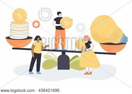Tiny Investor Doing Research In Innovation Worth, Target Price, Financial Profit Standing On Scales.